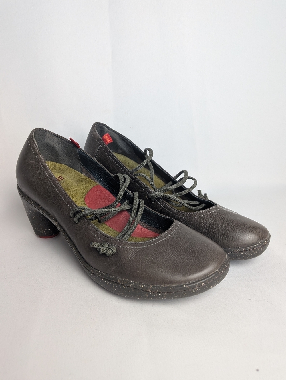 CAMPER Brown Leather Heel Women Shoes Size 38 = 8 US elastic Straps Slip On